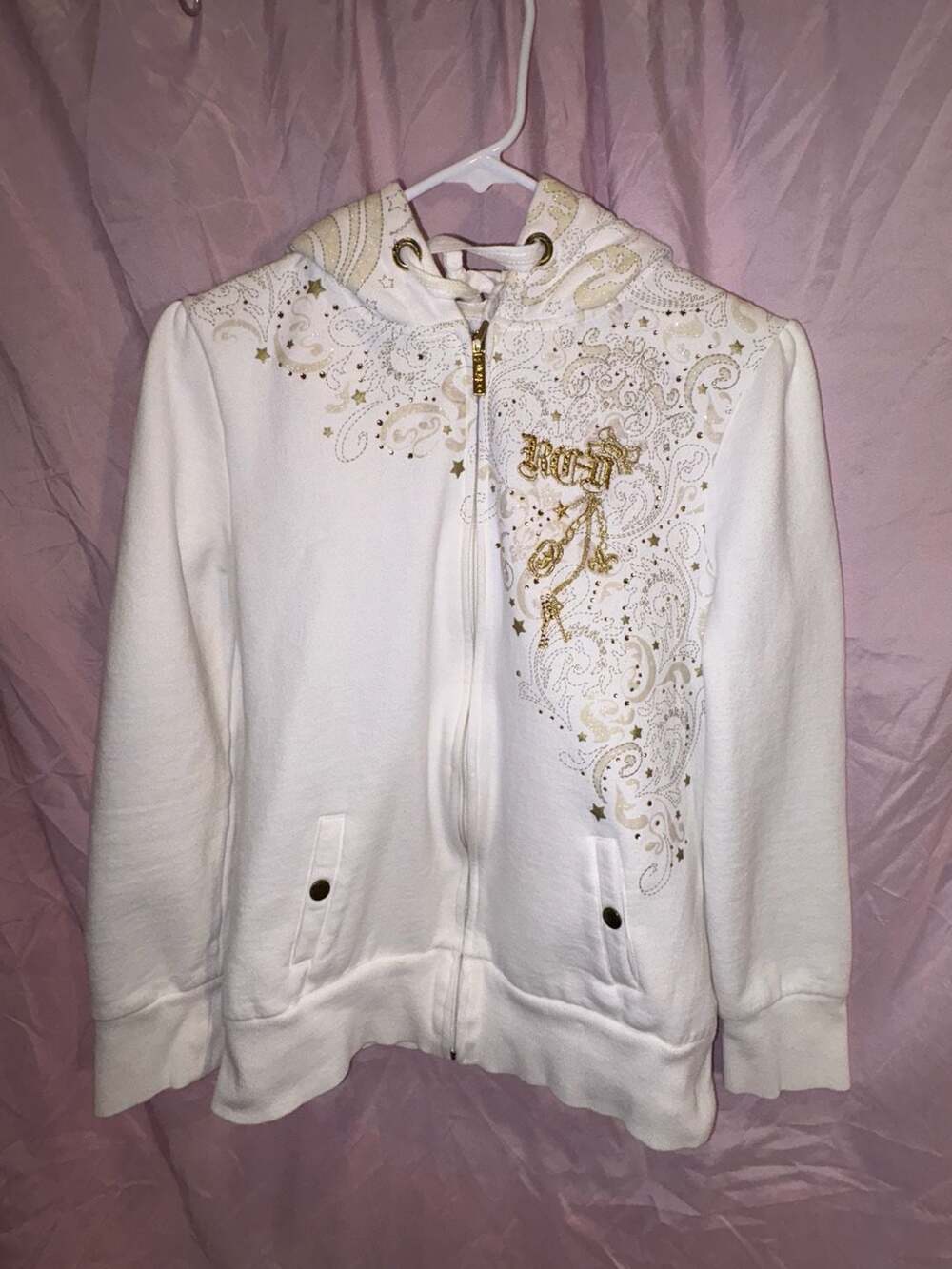 Y2K-Ecko Red White and Gold Floral Print Zip-Up Hoodie and Sweatpants Set
